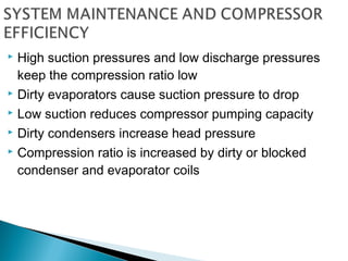  High suction pressures and low discharge pressures
keep the compression ratio low
 Dirty evaporators cause suction pressure to drop
 Low suction reduces compressor pumping capacity
 Dirty condensers increase head pressure
 Compression ratio is increased by dirty or blocked
condenser and evaporator coils
 