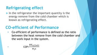 Refrigerating effect
 In the refrigerator the important quantity is the
energy remove from the cold chamber which is
known as refrigerating effect.
CO-efficient of Performance
• Co-efficient of performance is defined as the ratio
between the heat remove from the cold chamber and
the work Input in the system.
• COP=
𝑅𝐸 𝑒𝑓𝑓𝑒𝐶𝑡
𝑤 𝑖 𝑛
 