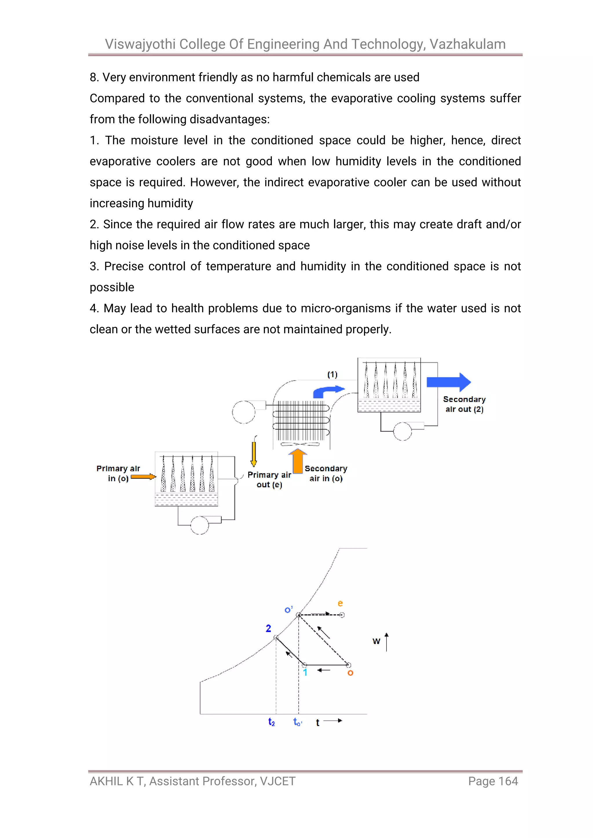 Viswajyothi College Of Engineering And Technology, Vazhakulam
AKHIL K T, Assistant Professor, VJCET Page 164
8. Very environment friendly as no harmful chemicals are used
Compared to the conventional systems, the evaporative cooling systems suffer
from the following disadvantages:
1. The moisture level in the conditioned space could be higher, hence, direct
evaporative coolers are not good when low humidity levels in the conditioned
space is required. However, the indirect evaporative cooler can be used without
increasing humidity
2. Since the required air flow rates are much larger, this may create draft and/or
high noise levels in the conditioned space
3. Precise control of temperature and humidity in the conditioned space is not
possible
4. May lead to health problems due to micro-organisms if the water used is not
clean or the wetted surfaces are not maintained properly.
 