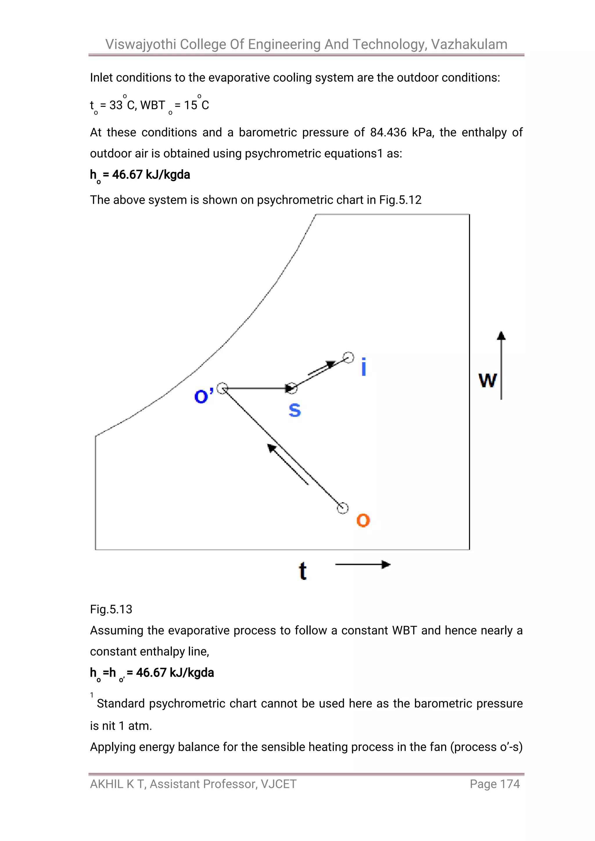 Viswajyothi College Of Engineering And Technology, Vazhakulam
AKHIL K T, Assistant Professor, VJCET Page 174
Inlet conditions to the evaporative cooling system are the outdoor conditions:
to
= 33
o
C, WBT o
= 15
o
C
At these conditions and a barometric pressure of 84.436 kPa, the enthalpy of
outdoor air is obtained using psychrometric equations1 as:
ho
= 46.67 kJ/kgda
The above system is shown on psychrometric chart in Fig.5.12
Fig.5.13
Assuming the evaporative process to follow a constant WBT and hence nearly a
constant enthalpy line,
ho
=h o’
= 46.67 kJ/kgda
1
Standard psychrometric chart cannot be used here as the barometric pressure
is nit 1 atm.
Applying energy balance for the sensible heating process in the fan (process o’-s)
 