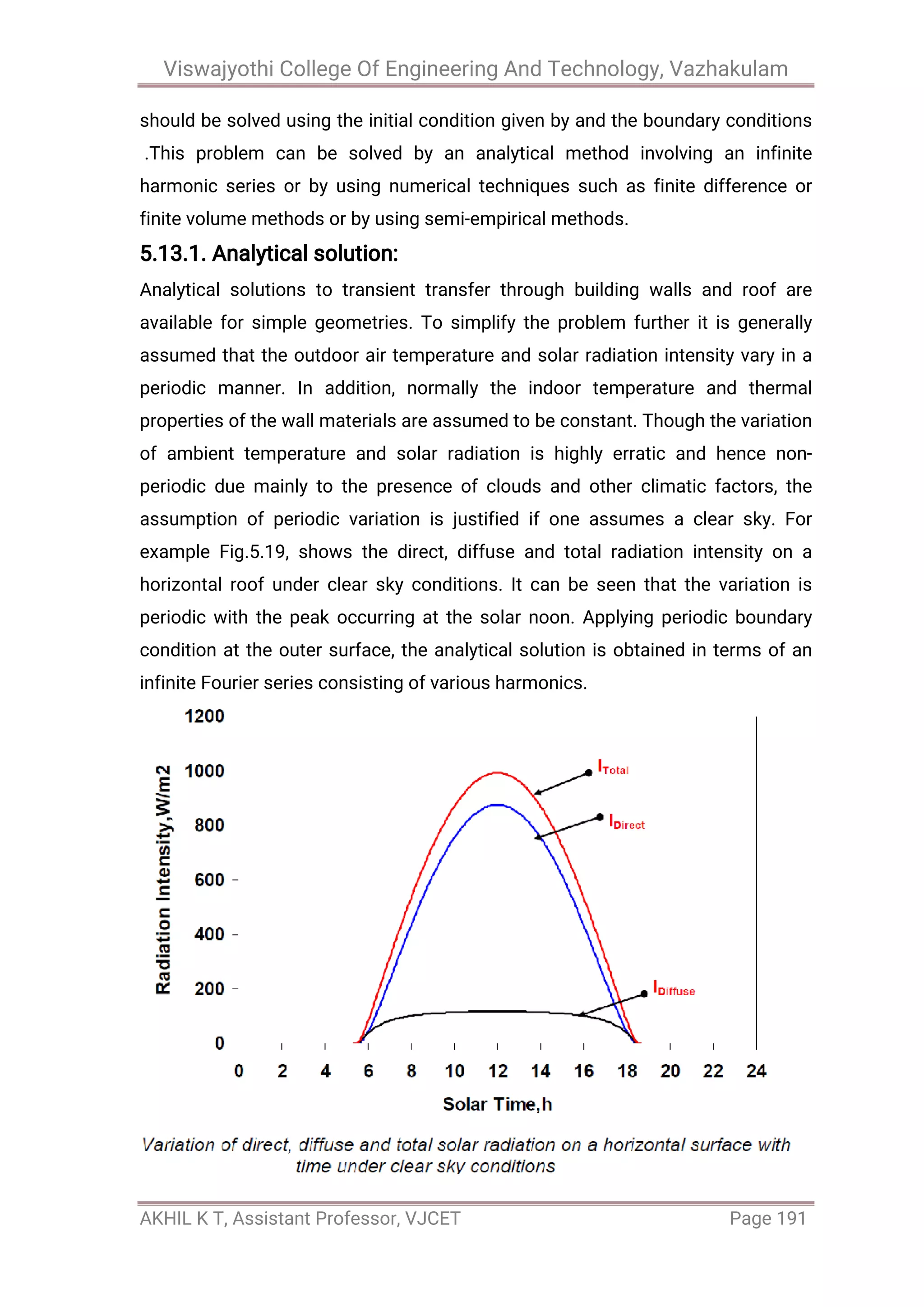 Viswajyothi College Of Engineering And Technology, Vazhakulam
AKHIL K T, Assistant Professor, VJCET Page 191
should be solved using the initial condition given by and the boundary conditions
.This problem can be solved by an analytical method involving an infinite
harmonic series or by using numerical techniques such as finite difference or
finite volume methods or by using semi-empirical methods.
5.13.1. Analytical solution:
Analytical solutions to transient transfer through building walls and roof are
available for simple geometries. To simplify the problem further it is generally
assumed that the outdoor air temperature and solar radiation intensity vary in a
periodic manner. In addition, normally the indoor temperature and thermal
properties of the wall materials are assumed to be constant. Though the variation
of ambient temperature and solar radiation is highly erratic and hence non-
periodic due mainly to the presence of clouds and other climatic factors, the
assumption of periodic variation is justified if one assumes a clear sky. For
example Fig.5.19, shows the direct, diffuse and total radiation intensity on a
horizontal roof under clear sky conditions. It can be seen that the variation is
periodic with the peak occurring at the solar noon. Applying periodic boundary
condition at the outer surface, the analytical solution is obtained in terms of an
infinite Fourier series consisting of various harmonics.
 