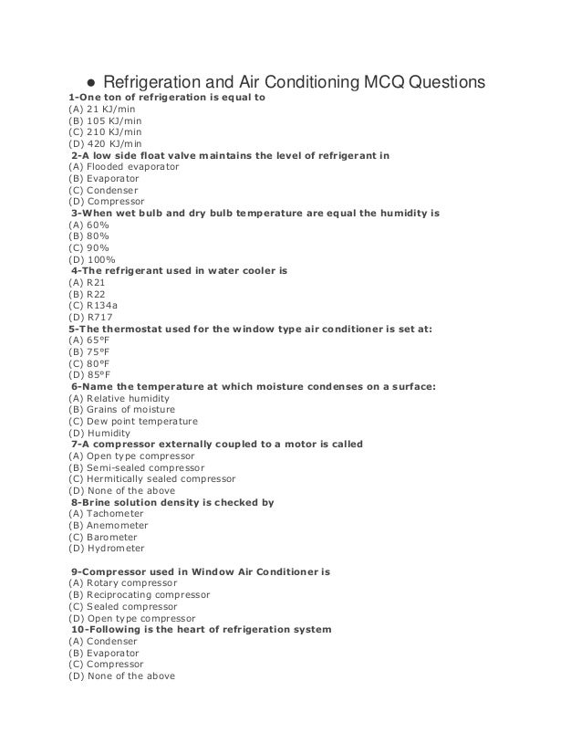 Refrigeration And Air Conditioning Mcq Questions Converted