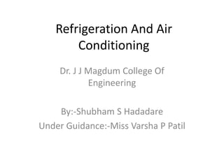 Refrigeration And Air
Conditioning
Dr. J J Magdum College Of
Engineering
By:-Shubham S Hadadare
Under Guidance:-Miss Varsha P Patil
 