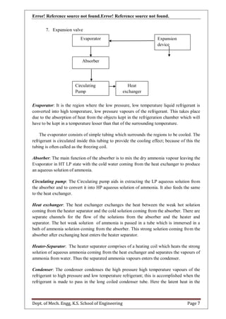 Error! Reference source not found.Error! Reference source not found.
Dept. of Mech. Engg, K.S. School of Engineering Page 7
7. Expansion valve
Evaporator: It is the region where the low pressure, low temperature liquid refrigerant is
converted into high temperature, low pressure vapours of the refrigerant. This takes place
due to the absorption of heat from the objects kept in the refrigeration chamber which will
have to be kept in a temperature lesser than that of the surrounding temperature.
The evaporator consists of simple tubing which surrounds the regions to be cooled. The
refrigerant is circulated inside this tubing to provide the cooling effect; because of this the
tubing is often called as the freezing coil.
Absorber: The main function of the absorber is to mix the dry ammonia vapour leaving the
Evaporator in HT LP state with the cold water coming from the heat exchanger to produce
an aqueous solution of ammonia.
Circulating pump: The Circulating pump aids in extracting the LP aqueous solution from
the absorber and to convert it into HP aqueous solution of ammonia. It also feeds the same
to the heat exchanger.
Heat exchanger: The heat exchanger exchanges the heat between the weak hot solution
coming from the heater separator and the cold solution coming from the absorber. There are
separate channels for the flow of the solutions from the absorber and the heater and
separator. The hot weak solution of ammonia is passed in a tube which is immersed in a
bath of ammonia solution coming from the absorber. This strong solution coming from the
absorber after exchanging heat enters the heater separator.
Heater-Separator: The heater separator comprises of a heating coil which heats the strong
solution of aqueous ammonia coming from the heat exchanger and separates the vapours of
ammonia from water. Thus the separated ammonia vapours enters the condenser.
Condenser: The condenser condenses the high pressure high temperature vapours of the
refrigerant to high pressure and low temperature refrigerant; this is accomplished when the
refrigerant is made to pass in the long coiled condenser tube. Here the latent heat in the
Evaporator Expansion
device
Absorber
Circulating
Pump
Heat
exchanger
 