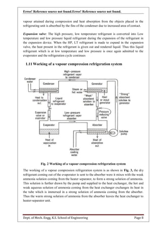 Error! Reference source not found.Error! Reference source not found.
Dept. of Mech. Engg, K.S. School of Engineering Page 8
vapour attained during compression and heat absorption from the objects placed in the
refrigerating unit is absorbed by the fins of the condenser due to increased area of contact.
Expansion valve: The high pressure, low temperature refrigerant is converted into Low
temperature and low pressure liquid refrigerant during the expansion of the refrigerant in
the expansion device. When the HP, LT refrigerant is made to expand in the expansion
valve, the heat present in the refrigerant is given out and rendered liquid. Thus this liquid
refrigerant which is at low temperature and low pressure is once again admitted to the
evaporator and the refrigeration cycle continues
1.11 Working of a vapour compression refrigeration system
Fig. 2 Working of a vapour compression refrigeration system
The working of a vapour compression refrigeration system is as shown in Fig. 3, the dry
refrigerant coming out of the evaporator is sent to the absorber were it mixes with the weak
ammonia solution coming from the heater separator, to form a strong solution of ammonia.
This solution is further drawn by the pump and supplied to the heat exchanger, the hot and
weak aqueous solution of ammonia coming from the heat exchanger exchanges its heat in
the tube which is immersed in a strong solution of ammonia coming from the absorber.
Thus the warm strong solution of ammonia from the absorber leaves the heat exchanger to
heater-separator unit.
 
