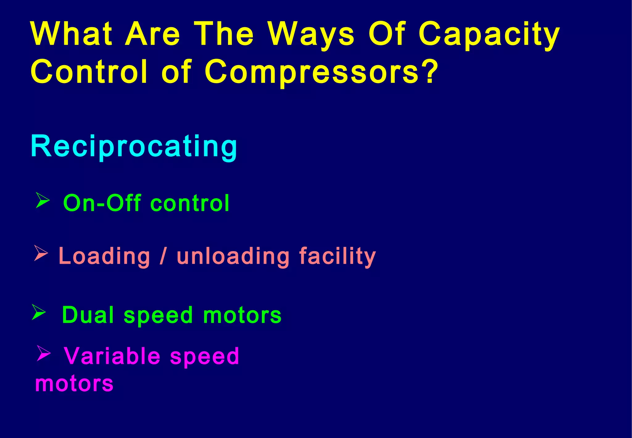 What Are The Ways Of Capacity
Control of Compressors?
Reciprocating
 Loading / unloading facility
 Variable speed
motors
 Dual speed motors
 On-Off control
 