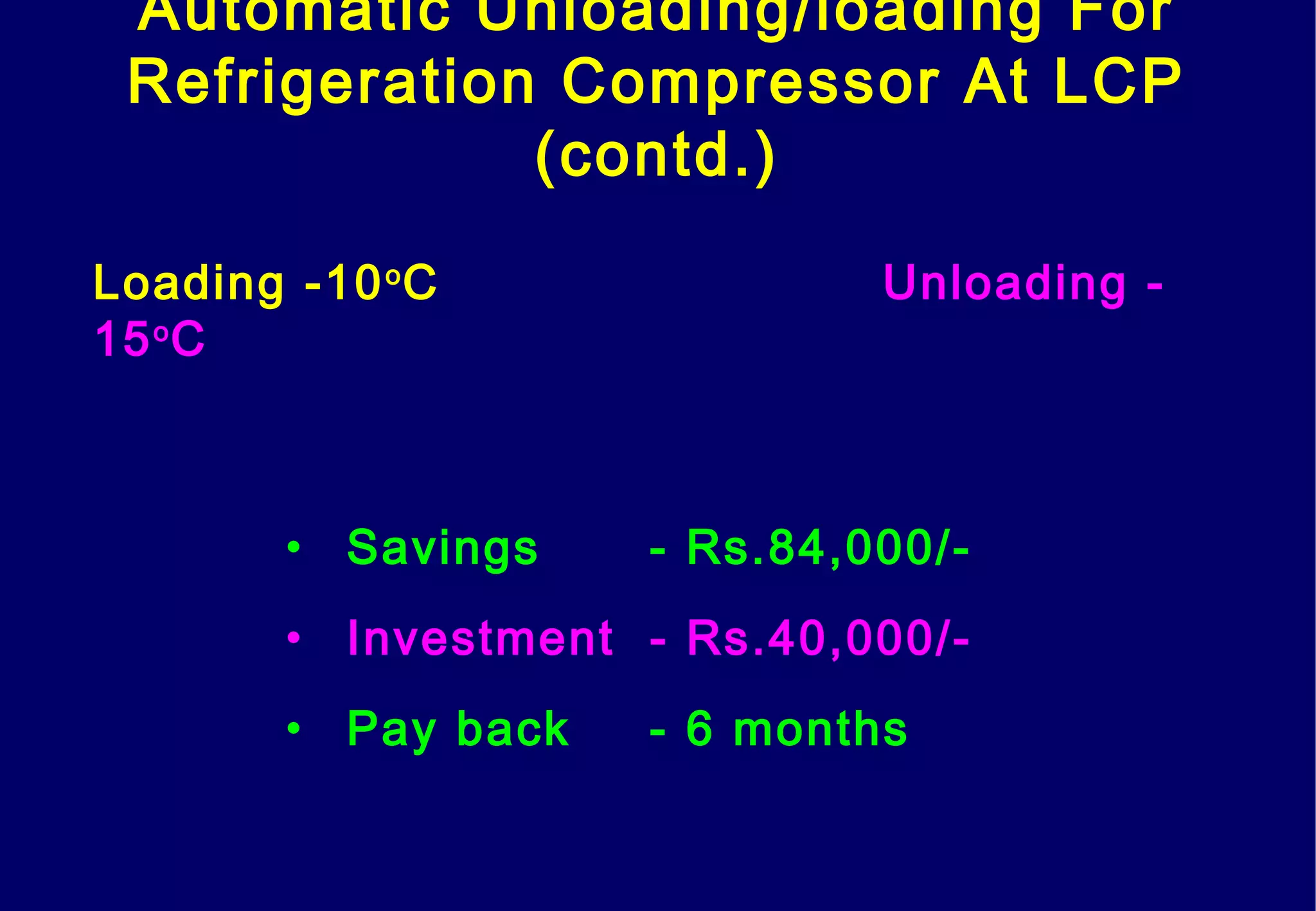 Automatic Unloading/loading For
Refrigeration Compressor At LCP
(contd.)
Loading -10o
C Unloading -
15o
C
• Savings - Rs.84,000/-
• Investment - Rs.40,000/-
• Pay back - 6 months
 