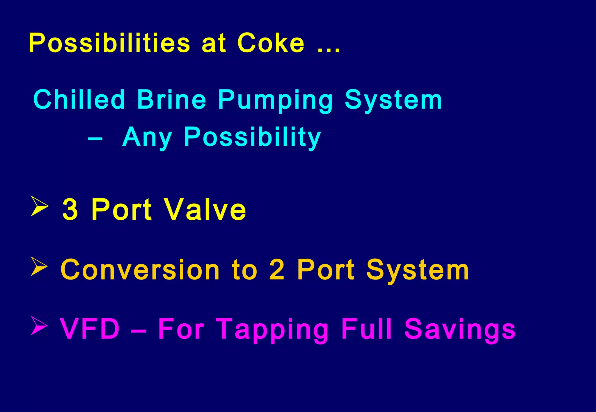 Possibilities at Coke …
Chilled Brine Pumping System
– Any Possibility
 3 Port Valve
 Conversion to 2 Port System
 VFD – For Tapping Full Savings
 