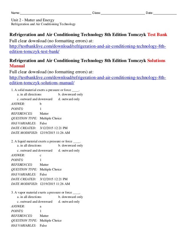 refrigeration & air conditioning technology 7th edition answer key Refrigeration and air conditioning technology 8th edition tomczyk sol….