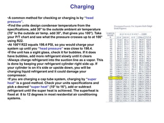 Charging
•A common method for checking or charging is by “head
pressure”.
•Find the units design condenser temperature from the
specifications, add 30° to the outside ambient air temperature
(70° is the outside air temp. add 30°, that gives you 100°). Take
your P/T chart and see what the pressure crosses up to at 100°
using R22.
•At 100°f R22 equals 198.4 PSI, so you would charge your
system up until you “head pressure” was close to 198.4.
•If the unit has a sight glass, check it for bubbles. If it does
have bubbles, add more refrigerant slowly until it clears
•Always charge refrigerant into the suction line as a vapor. This
is done by keeping your refrigerant cylinder right side up. If
your cylinder is on it’s side or upside down, you will be
charging liquid refrigerant and it could damage your
compressor.
•If you are charging a cap tube system, charging by “super
heat” is a good method. Check your units specifications and
pick a desired “super heat” (10° to 16°), add or subtract
refrigerant until the super heat is achieved. The superheat is
fixed at 8 to 12 degrees in most residential air conditioning
systems.
 