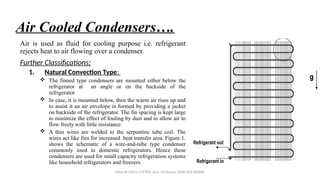 Air Cooled Condensers….
Air is used as fluid for cooling purpose i.e. refrigerant
rejects heat to air flowing over a condenser.
Further Classifications:
1. Natural Convection Type:
 The finned type condensers are mounted either below the
refrigerator at an angle or on the backside of the
refrigerator.
 In case, it is mounted below, then the warm air rises up and
to assist it an air envelope is formed by providing a jacket
on backside of the refrigerator. The fin spacing is kept large
to minimize the effect of fouling by dust and to allow air to
flow freely with little resistance.
 A thin wires are welded to the serpentine tube coil. The
wires act like fins for increased heat transfer area. Figure 1.
shows the schematic of a wire-and-tube type condenser
commonly used in domestic refrigerators. Hence these
condensers are used for small capacity refrigeration systems
like household refrigerators and freezers.
Minesh Vohra (15783) Asst. Professor (SME-M3-MD08)
 