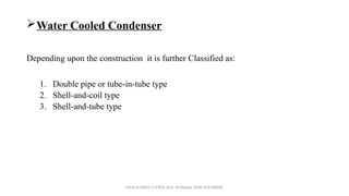 Water Cooled Condenser
Depending upon the construction it is further Classified as:
1. Double pipe or tube-in-tube type
2. Shell-and-coil type
3. Shell-and-tube type
Minesh Vohra (15783) Asst. Professor (SME-M3-MD08)
 