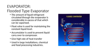 EVAPORATOR:
Flooded Type Evaporator
• The amount of liquid refrigerant
circulated through the evaporator is
considerably in excess of that which
can be vaporised.
• Float valve is used for maintaining the
constant liquid level.
• Accumulator is used to prevent liquid
carry over to compressor.
• Give high rate of heat transfer
• Used in large installations, chemical
and food processing industries.
 
