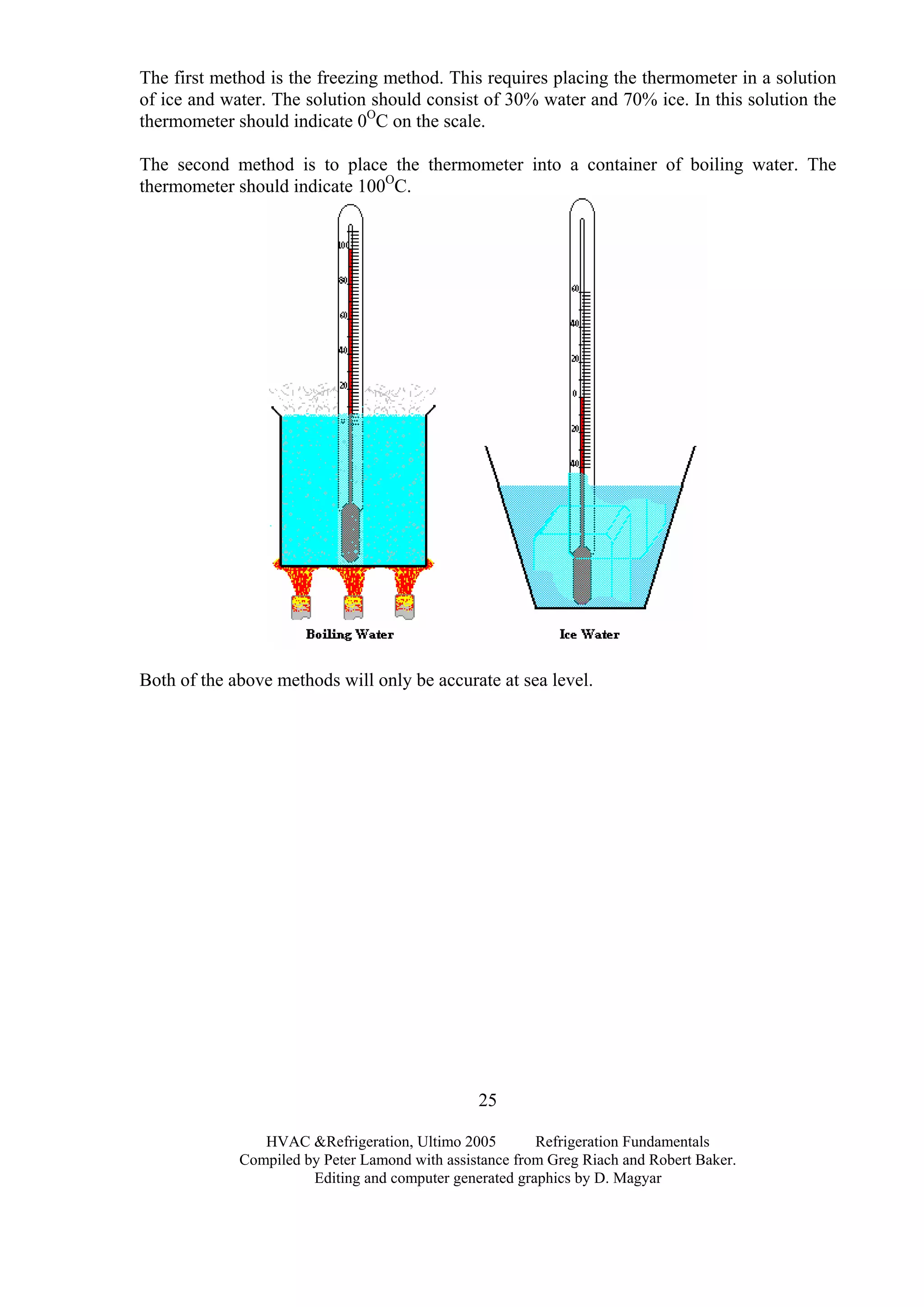 The first method is the freezing method. This requires placing the thermometer in a solution
of ice and water. The solution should consist of 30% water and 70% ice. In this solution the
thermometer should indicate 0O
C on the scale.
The second method is to place the thermometer into a container of boiling water. The
thermometer should indicate 100O
C.
Both of the above methods will only be accurate at sea level.
HVAC &Refrigeration, Ultimo 2005 Refrigeration Fundamentals
Compiled by Peter Lamond with assistance from Greg Riach and Robert Baker.
Editing and computer generated graphics by D. Magyar
25
 