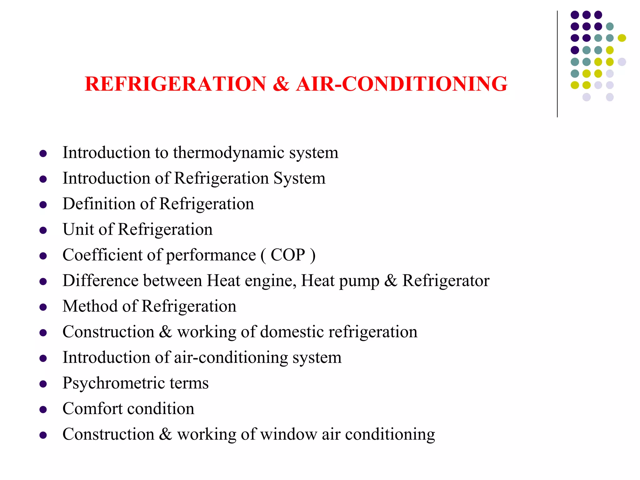 REFRIGERATION & AIR-CONDITIONING
 Introduction to thermodynamic system
 Introduction of Refrigeration System
 Definition of Refrigeration
 Unit of Refrigeration
 Coefficient of performance ( COP )
 Difference between Heat engine, Heat pump & Refrigerator
 Method of Refrigeration
 Construction & working of domestic refrigeration
 Introduction of air-conditioning system
 Psychrometric terms
 Comfort condition
 Construction & working of window air conditioning
 