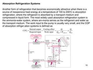 Absorption Refrigeration Systems  Another form of refrigeration that becomes economically attractive when there is a source of inexpensive heat energy at a temperature of 100 to 200 o C is  absorption refrigeration,  where the refrigerant is absorbed by a transport medium and compressed in liquid form. The most widely used absorption refrigeration system is the ammonia-water system, where am­monia serves as the refrigerant and water as the transport medium. The work input to the pump is usually very small, and the COP of absorption refriger­ation systems is defined as 