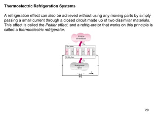 Thermoelectric Refrigeration Systems  A refrigeration effect can also be achieved without using any moving parts by simply passing a small current through a closed circuit made up of two dissimilar materials. This effect is called the  Peltier effect,  and a refrig­erator that works on this principle is called a  thermoelectric refrigerator. 