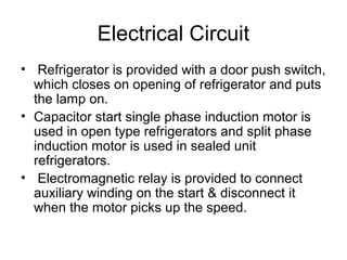 Electrical Circuit
• Refrigerator is provided with a door push switch,
which closes on opening of refrigerator and puts
the lamp on.
• Capacitor start single phase induction motor is
used in open type refrigerators and split phase
induction motor is used in sealed unit
refrigerators.
• Electromagnetic relay is provided to connect
auxiliary winding on the start & disconnect it
when the motor picks up the speed.
 
