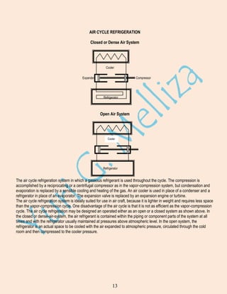 AIR CYCLE REFRIGERATION
Closed or Dense Air System

Cooler
Expander

Compressor

Refrigerator

Open Air System

Cooler

Refrigerator

The air cycle refrigeration system in which a gaseous refrigerant is used throughout the cycle. The compression is
accomplished by a reciprocating or a centrifugal compressor as in the vapor-compression system, but condensation and
evaporation is replaced by a sensible cooling and heating of the gas. An air cooler is used in place of a condenser and a
refrigerator in place of an evaporator. The expansion valve is replaced by an expansion engine or turbine.
The air cycle refrigeration system is ideally suited for use in air craft, because it is lighter in weight and requires less space
than the vapor-compression cycle. One disadvantage of the air cycle is that it is not as efficient as the vapor-compression
cycle. The air cycle refrigeration may be designed an operated either as an open or a closed system as shown above. In
the closed or dense-air-system, the air refrigerant is contained within the piping or component parts of the system at all
times and with the refrigerator usually maintained at pressures above atmospheric level. In the open system, the
refrigerator is an actual space to be cooled with the air expanded to atmospheric pressure, circulated through the cold
room and then compressed to the cooler pressure.

13

 