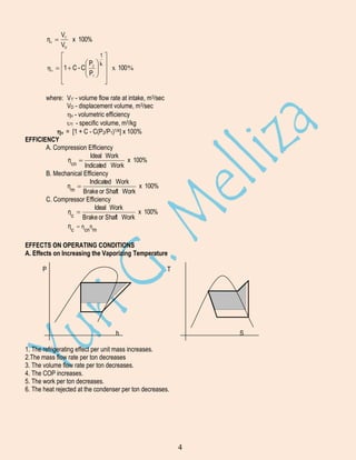 ηv 

V1'
x 100%
VD

1

P k 

η v  1  C - C 2   x 100 %
P 
 1 




where: V1' - volume flow rate at intake, m3/sec
VD - displacement volume, m3/sec
v - volumetric efficiency
1 - specific volume, m3/kg
v = [1 + C - C(P2/P1)1/k] x 100%
EFFICIENCY
A. Compression Efficiency
Ideal Work
η 
x 100%
cn Indicated Work
B. Mechanical Efficiency
Indicated Work
η 
x 100%
m Brake or Shaft Work
C. Compressor Efficiency
Ideal Work
η 
x 100%
c
Brake or Shaft Work
η η η
c
cn m
EFFECTS ON OPERATING CONDITIONS
A. Effects on Increasing the Vaporizing Temperature
P

T

h

S

1. The refrigerating effect per unit mass increases.
2.The mass flow rate per ton decreases
3. The volume flow rate per ton decreases.
4. The COP increases.
5. The work per ton decreases.
6. The heat rejected at the condenser per ton decreases.

4

 