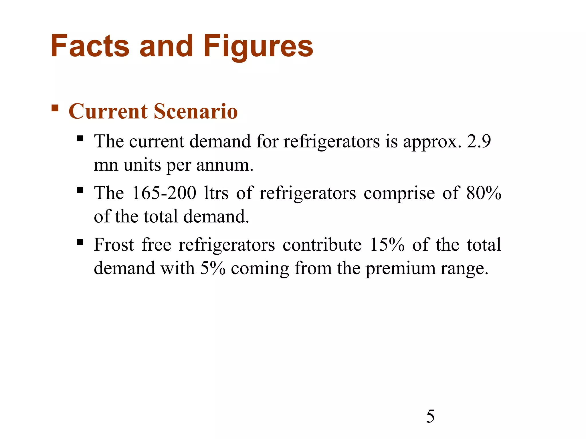 5
Facts and Figures
 Current Scenario
 The current demand for refrigerators is approx. 2.9
mn units per annum.
 The 165-200 ltrs of refrigerators comprise of 80%
of the total demand.
 Frost free refrigerators contribute 15% of the total
demand with 5% coming from the premium range.
 