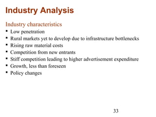33
Industry Analysis
Industry characteristics
 Low penetration
 Rural markets yet to develop due to infrastructure bottlenecks
 Rising raw material costs
 Competition from new entrants
 Stiff competition leading to higher advertisement expenditure
 Growth, less than foreseen
 Policy changes
 