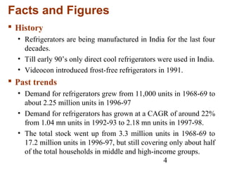 4
Facts and Figures
 History
• Refrigerators are being manufactured in India for the last four
decades.
• Till early 90’s only direct cool refrigerators were used in India.
• Videocon introduced frost-free refrigerators in 1991.
 Past trends
• Demand for refrigerators grew from 11,000 units in 1968-69 to
about 2.25 million units in 1996-97
• Demand for refrigerators has grown at a CAGR of around 22%
from 1.04 mn units in 1992-93 to 2.18 mn units in 1997-98.
• The total stock went up from 3.3 million units in 1968-69 to
17.2 million units in 1996-97, but still covering only about half
of the total households in middle and high-income groups.
 