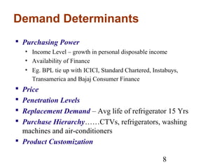 8
Demand Determinants
 Purchasing Power
• Income Level – growth in personal disposable income
• Availability of Finance
• Eg. BPL tie up with ICICI, Standard Chartered, Instabuys,
Transamerica and Bajaj Consumer Finance
 Price
 Penetration Levels
 Replacement Demand – Avg life of refrigerator 15 Yrs
 Purchase Hierarchy……CTVs, refrigerators, washing
machines and air-conditioners
 Product Customization
 