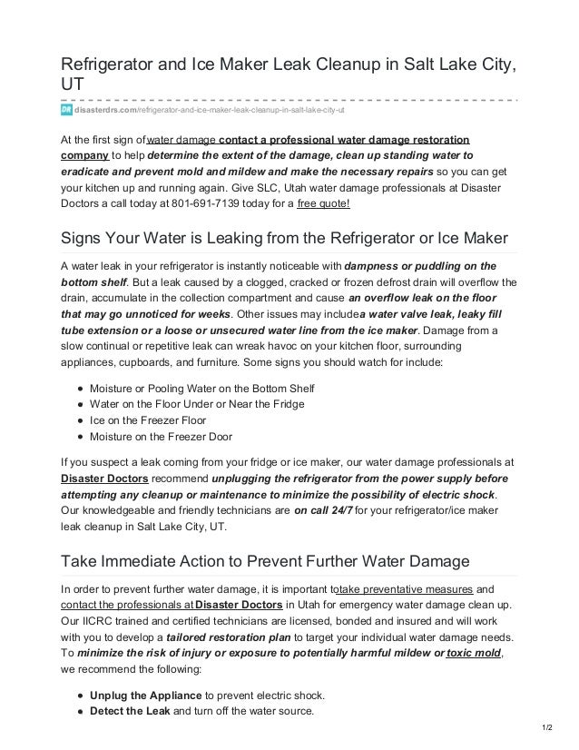 Refrigerator And Ice Maker Leak Cleanup In Salt Lake City Ut