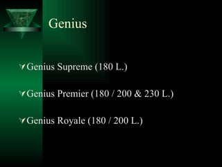 Genius Genius Supreme (180 L.) Genius Premier (180 / 200 & 230 L.) Genius Royale (180 / 200 L.)  