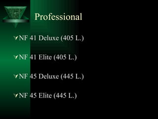 Professional NF 41 Deluxe (405 L.) NF 41 Elite (405 L.) NF 45 Deluxe (445 L.) NF 45 Elite (445 L.) 
