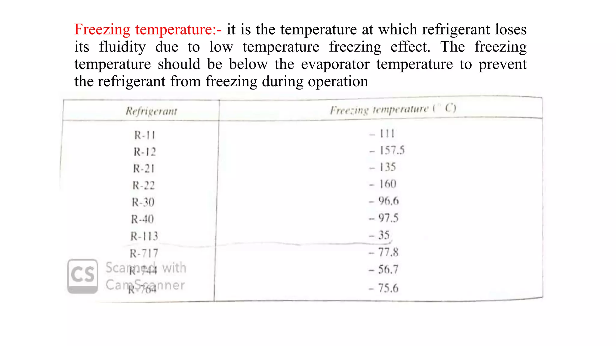 Freezing temperature:- it is the temperature at which refrigerant loses
its fluidity due to low temperature freezing effect. The freezing
temperature should be below the evaporator temperature to prevent
the refrigerant from freezing during operation
 