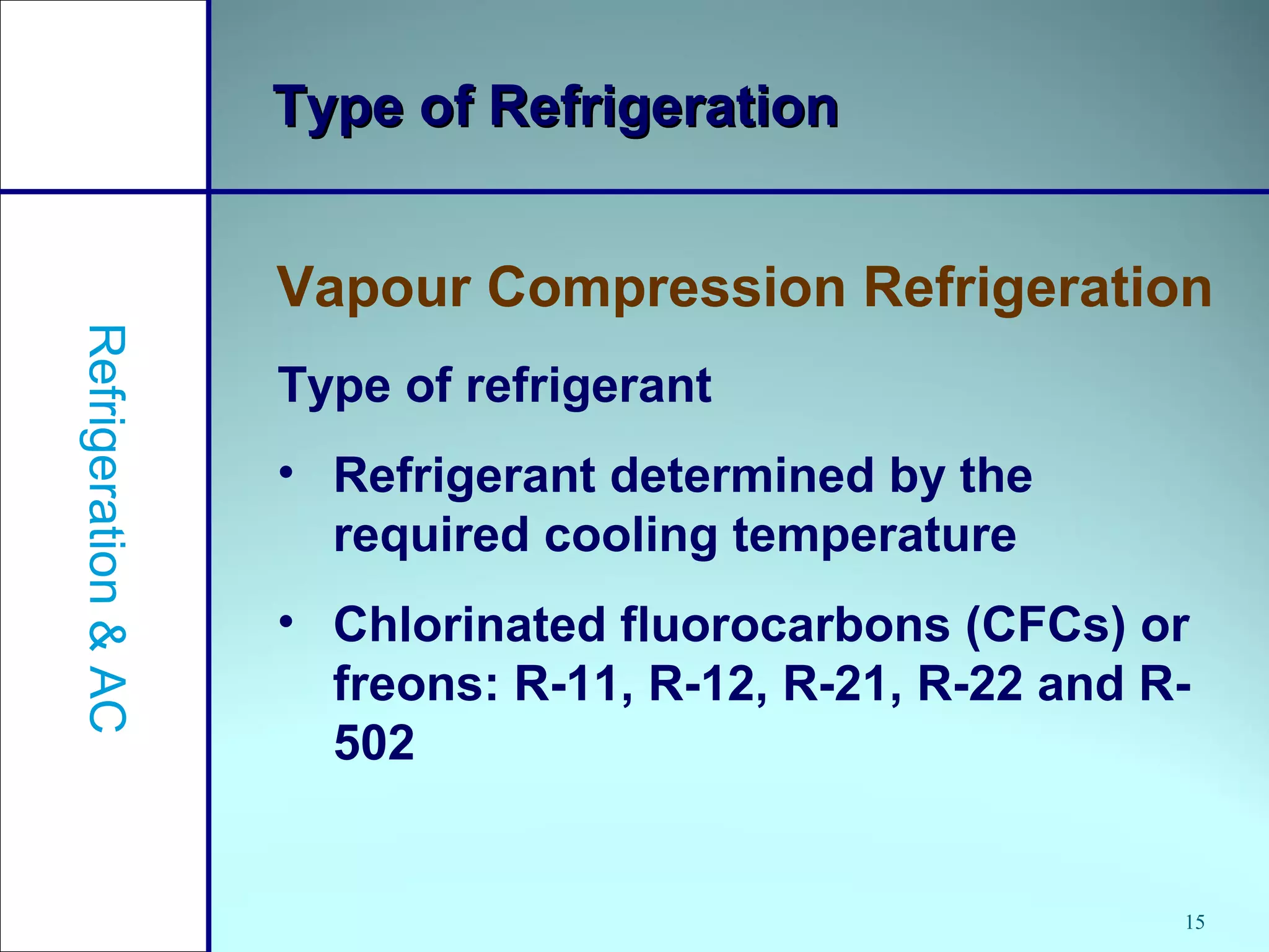 15
Type of RefrigerationType of Refrigeration
Vapour Compression Refrigeration
Refrigeration&AC
Type of refrigerant
• Refrigerant determined by the
required cooling temperature
• Chlorinated fluorocarbons (CFCs) or
freons: R-11, R-12, R-21, R-22 and R-
502
 