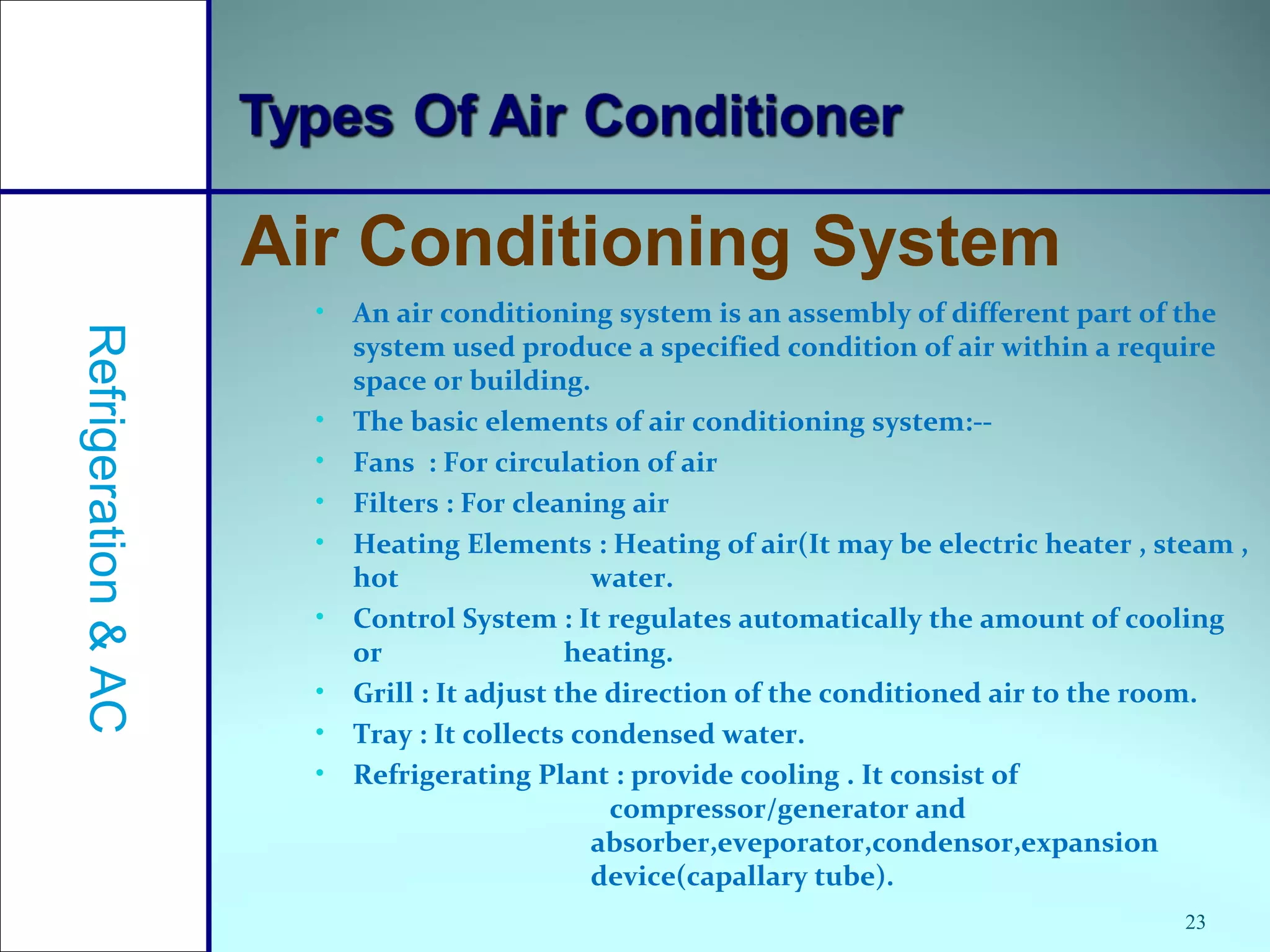 23
• An air conditioning system is an assembly of different part of the
system used produce a specified condition of air within a require
space or building.
• The basic elements of air conditioning system:--
• Fans : For circulation of air
• Filters : For cleaning air
• Heating Elements : Heating of air(It may be electric heater , steam ,
hot water.
• Control System : It regulates automatically the amount of cooling
or heating.
• Grill : It adjust the direction of the conditioned air to the room.
• Tray : It collects condensed water.
• Refrigerating Plant : provide cooling . It consist of
compressor/generator and
absorber,eveporator,condensor,expansion
device(capallary tube).
Air Conditioning System
Refrigeration&AC
 