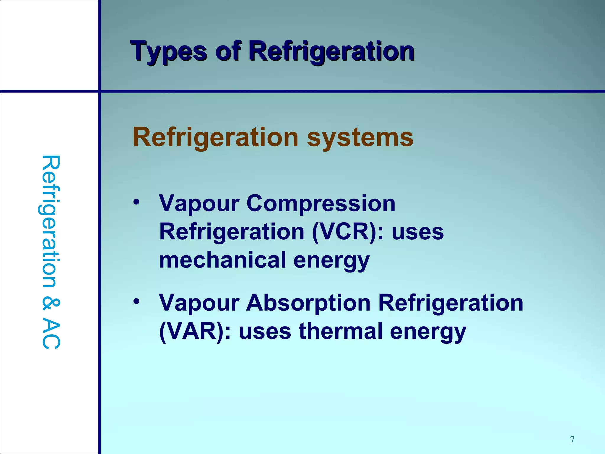 7
Types of RefrigerationTypes of Refrigeration
• Vapour Compression
Refrigeration (VCR): uses
mechanical energy
• Vapour Absorption Refrigeration
(VAR): uses thermal energy
Refrigeration systems
Refrigeration&AC
 