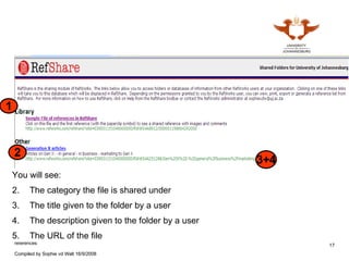 You will see: The category the file is shared under The title given to the folder by a user The description given to the folder by a user The URL of the file 1 2 3+4 