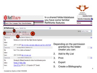 In a shared folder/database you have some familiar RefWorks features Depending on the permission granted by the folder creator you can: Add to My List Print Export Create a Bibliography 4 3 2 1 