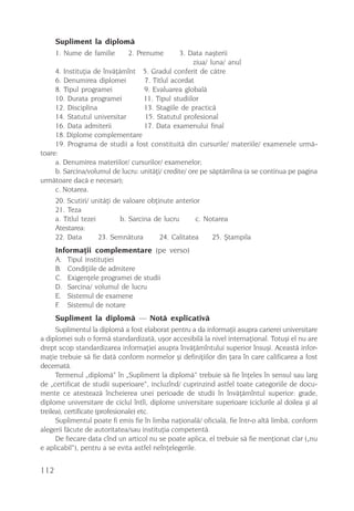 Supliment la diplomã
      1. Nume de familie      2. Prenume       3. Data naºterii
                                                    ziua/ luna/ anul
     4. Instituþia de învãþãmînt   5. Gradul conferit de cãtre
     6. Denumirea diplomei         7. Titlul acordat
     8. Tipul programei            9. Evaluarea globalã
     10. Durata programei          11. Tipul studiilor
     12. Disciplina                13. Stagiile de practicã
     14. Statutul universitar      15. Statutul profesional
     16. Data admiterii            17. Data examenului final
     18. Diplome complementare
     19. Programa de studii a fost constituitã din cursurile/ materiile/ examenele urmã-
toare:
     a. Denumirea materiilor/ cursurilor/ examenelor;
     b. Sarcina/volumul de lucru: unitãþi/ credite/ ore pe sãptãmîina (a se continua pe pagina
urmãtoare dacã e necesar);
     c. Notarea.
      20. Scutiri/ unitãþi de valoare obþinute anterior
      21. Teza
      a. Titlul tezei        b. Sarcina de lucru      c. Notarea
      Atestarea:
      22. Data        23. Semnãtura       24. Calitatea    25. ªtampila
      Informaþii complementare (pe verso)
      A.   Tipul instituþiei
      B.   Condiþiile de admitere
      C.   Exigenþele programei de studii
      D.   Sarcina/ volumul de lucru
      E.   Sistemul de examene
      F.   Sistemul de notare
      Supliment la diplomã — Notã explicativã
      Suplimentul la diplomã a fost elaborat pentru a da informaþii asupra carierei universitare
a diplomei sub o formã standardizatã, uºor accesibilã la nivel internaþional. Totuºi el nu are
drept scop standardizarea informaþiei asupra învãþãmîntului superior însuºi. Aceastã infor-
maþie trebuie sã fie datã conform normelor ºi definiþiilor din þara în care calificarea a fost
decernatã.
      Termenul „diplomã“ în „Supliment la diplomã“ trebuie sã fie înþeles în sensul sau larg
de „certificat de studii superioare“, incluzînd/ cuprinzind astfel toate categoriile de docu-
mente ce atesteazã încheierea unei perioade de studii în învãþãmîntul superior: grade,
diplome universitare de ciclul întîi, diplome universitare superioare (ciclurile al doilea ºi al
treilea), certificate (profesionale) etc.
      Suplimentul poate fi emis fie în limba naþionalã/ oficialã, fie într-o altã limbã, conform
alegerii fãcute de autoritatea/sau instituþia competentã.
      De fiecare data cînd un articol nu se poate aplica, el trebuie sã fie menþionat clar („nu
e aplicabil“), pentru a se evita astfel neînþelegerile.


112
 
