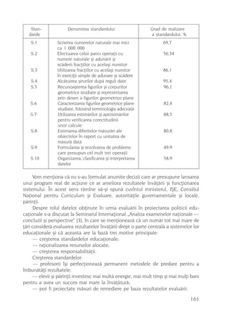 Stan-              Denumirea standardului                   Grad de realizare
  darde                                                        a standardului, %
    S.1         Scrierea numerelor naturale mai mici                 69,7
                ca 1 000 000
   S.2          Efectuarea celor patru operaþii cu                   56,34
                numere naturale ºi adunãrii ºi
                scãderii fracþiilor cu acelaºi numitor
    S.3         Utilizarea fracþiilor cu acelaºi numitor             86,1
                în exerciþii simple de adunare ºi scãdere
   S.4          Alcãtuirea ºirurilor dupã reguli date                95,4
   S.5          Recunoaºterea figurilor ºi corpurilor                96,1
                geometrice studiate ºi reprezentarea
                prin desen a figurilor geometrice plane
   S.6          Caracterizarea figurilor geometrice plane            82,4
                studiate, folosind terminologia adecvatã
   S.7          Utilizarea estimãrilor ºi aproximãrilor              88,5
                pentru verificarea corectitudinii
                unor calcule
   S.8          Estimarea diferitelor mãsurãri ale                   80,8
                obiectelor în raport cu unitatea de
                mãsurã datã
   S.9          Formularea ºi rezolvarea de probleme                 49,9
                care presupun cel mult trei operaþii
   S.10         Organizarea, clasificarea ºi interpretarea           58,9
                datelor

      Vom menþiona cã nu s-au formulat anumite decizii care ar presupune lansarea
unui program real de acþiune ce ar ameliora rezultatele învãþãrii ºi funcþionarea
sistemului. În acest sens rãmîne sã-ºi spunã cuvîntul ministerul, IªE, Consiliul
Naþional pentru Curriculum ºi Evaluare, autoritãþile guvernamentale ºi locale,
pãrinþii.
      Despre rolul datelor obþinute în urma evaluãrii în proiectarea politicii edu-
caþionale s-a discutat la Seminarul Internaþional „Analiza examenelor naþionale —
concluzii ºi perspective“ [3], în care se menþioneazã cã un numãr tot mai mare de
þãri considerã evaluarea rezultatelor învãþãrii drept o parte centralã a sistemelor lor
educaþionale ºi cã aceasta are la bazã trei motive principale:
      — creºterea standardelor educaþionale;
      — raþionalizarea resurselor alocate;
      — creºterea responsabilitãþii.
      Creºterea standardelor:
      — profesorii îºi perfecþioneazã permanent metodele de predare pentru a
îmbunãtãþi rezultatele;
      — elevii ºi pãrinþii investesc mai multã energie, mai mult timp ºi mai mulþi bani
pentru a avea un succes mai mare la învãþãturã;
      — pot fi proiectate mãsuri de remediere pe baza rezultatelor evaluãrii.

                                                                                   161
 