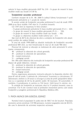 valente în baza studiilor gimnaziale (8,87 %); 210 – în grupe de meserii în baza
studiilor medii sau liceale (17,38 %).
    Învãþãmîntul secundar profesional
     Conform situaþiei de la 01. 08. 2000 în judeþul Edineþ funcþioneazã 5 ºcoli
profesionale polivalente ºi 1 ºcoalã de meserii.
     În aceste unitãþi de învãþãmînt secundar profesional în anul de studii 1999-
2000 ºi-au fãcut studiile 1347 elevi în 15 profesii (meserii).
     Cei 1347 elevi se repartizau în felul urmãtor :
     – în grupe profesionale polivalente în baza studiilor gimnaziale (9 cl.) – 624;
     – în grupe de meserii în baza studiilor gimnaziale (9 cl.) – 330;
     – în grupe de meserii în baza studiilor medii sau liceale – 182;
     – în grupe cu obþinerea studiilor medii (ultimul an) – 211.
     Mai mult de 80 % din efectivul de elevi a unitãþilor de învãþãmînt sînt absol-
venþii ºcolilor din judeþul Edineþ.
     În anul de studii 1999-2000 au absolvit instituþiile de învãþãmînt secundar
profesional 883 elevi, au fost înmatriculaþi în noul an de studii 980 elevi.
     Procesul de instruire ºi educaþie se realizeazã de cãtre personalul în urmã-
toarea componenþã:
     48 – profesori la obiectele de culturã generalã;
     49 – profesori la obiectele de specialitate;
     50 – maiºtri-instructori;
     51 – pedagogi sociali.
     Din 180 cadre didactice din instituþiile de învãþãmînt secundar profesional 88
dispun de grade didactice, inclusiv:
     32 – profesori la obiectele de culturã generalã;
     33 – profesori la obiectele de specialitate;
     34 – maiºtri-instructori;
     35 – pedagogi sociali.
     Pentru organizarea procesului instructiv-educativ la dispoziþia elevilor sînt
puse 87 sãli de studii; 3 cabinete de „Informaticã“ înzestrate cu calculatoare; 27
laboratoare; ateliere cu 24 secþii cu strunguri ºi utilaj de profil; gospodãrie didac-
ticã cu o suprafaþã de 64 ha de pãmînt arabil; 30 tractoare; 44 automobile; 4
combine; 4 autodroame; 6 cantine cu 724 locuri; 1624 locuri în cãmine, etc.
     În unitãþile de învãþãmînt se instruiesc elevi la 15 profesii (meserii), ceea ce
constituie 17,6 % din numãrul total al profesiilor (meseriilor) pentru care existã
învãþãmînt ºi pregãtire profesionalã în Republica Moldova (85).


5. PIAÞA MUNCII DIN JUDEÞUL EDINEÞ
    Numãrul total al populaþiei în judeþ este de 300,7 mii de locuitori. Populaþia
economic activã constituie 118 700 persoane, numãrul angajaþilor este de 48 413,
din care în domeniile de activitate respective activeazã:

                                                                                 175
 