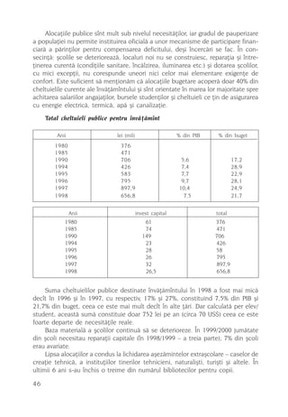 Alocaþiile publice sînt mult sub nivelul necesitãþilor, iar gradul de pauperizare
a populaþiei nu permite instituirea oficialã a unor mecanisme de participare finan-
ciarã a pãrinþilor pentru compensarea deficitului, deºi încercãri se fac. În con-
secinþã: ºcolile se deterioreazã, localuri noi nu se construiesc, reparaþia ºi între-
þinerea curentã (condiþiile sanitare, încãlzirea, iluminarea etc.) ºi dotarea ºcolilor,
cu mici excepþii, nu corespunde uneori nici celor mai elementare exigenþe de
confort. Este suficient sã menþionãm cã alocaþiile bugetare acoperã doar 40% din
cheltuielile curente ale învãþãmîntului ºi sînt orientate în marea lor majoritate spre
achitarea salariilor angajaþilor, bursele studenþilor ºi cheltuieli ce þin de asigurarea
cu energie electricã, termicã, apã ºi canalizaþie.
     Total cheltuieli publice pentru învãþãmînt

         Anii                    lei (mil)                    % din PIB    % din buget
        1980                      376
        1985                      471
        1990                      706                           5,6               17,2
        1994                      426                           7,4               28,9
        1995                      583                           7,7               22,9
        1996                      795                           9,7               28,1
        1997                      897,9                        10,4               24,9
        1998                      656,8                          7,5              21,7


                Anii                         invest capital               total
            1980                                 61                       376
            1985                                 74                       471
            1990                                149                       706
            1994                                 23                       426
            1995                                 28                       58
            1996                                 26                       795
            1997                                 32                       897,9
            1998                                 26,5                     656,8


     Suma cheltuielilor publice destinate învãþãmîntului în 1998 a fost mai micã
decît în 1996 ºi în 1997, cu respectiv, 17% ºi 27%, constituind 7,5% din PIB ºi
21,7% din buget, ceea ce este mai mult decît în alte þãri. Dar calculatã per elev/
student, aceastã sumã constituie doar 752 lei pe an (circa 70 US$) ceea ce este
foarte departe de necesitãþile reale.
     Baza materialã a ºcolilor continuã sã se deterioreze. În 1999/2000 jumãtate
din ºcoli necesitau reparaþii capitale (în 1998/1999 – a treia parte); 7% din ºcoli
erau avariate.
     Lipsa alocaþiilor a condus la lichidarea aºezãmintelor extraºcolare – caselor de
creaþie tehnicã, a instituþiilor tinerilor tehnicieni, naturaliºti, turiºti ºi altele. În
ultimii 6 ani s-au închis o treime din numãrul bibliotecilor pentru copii.

46
 