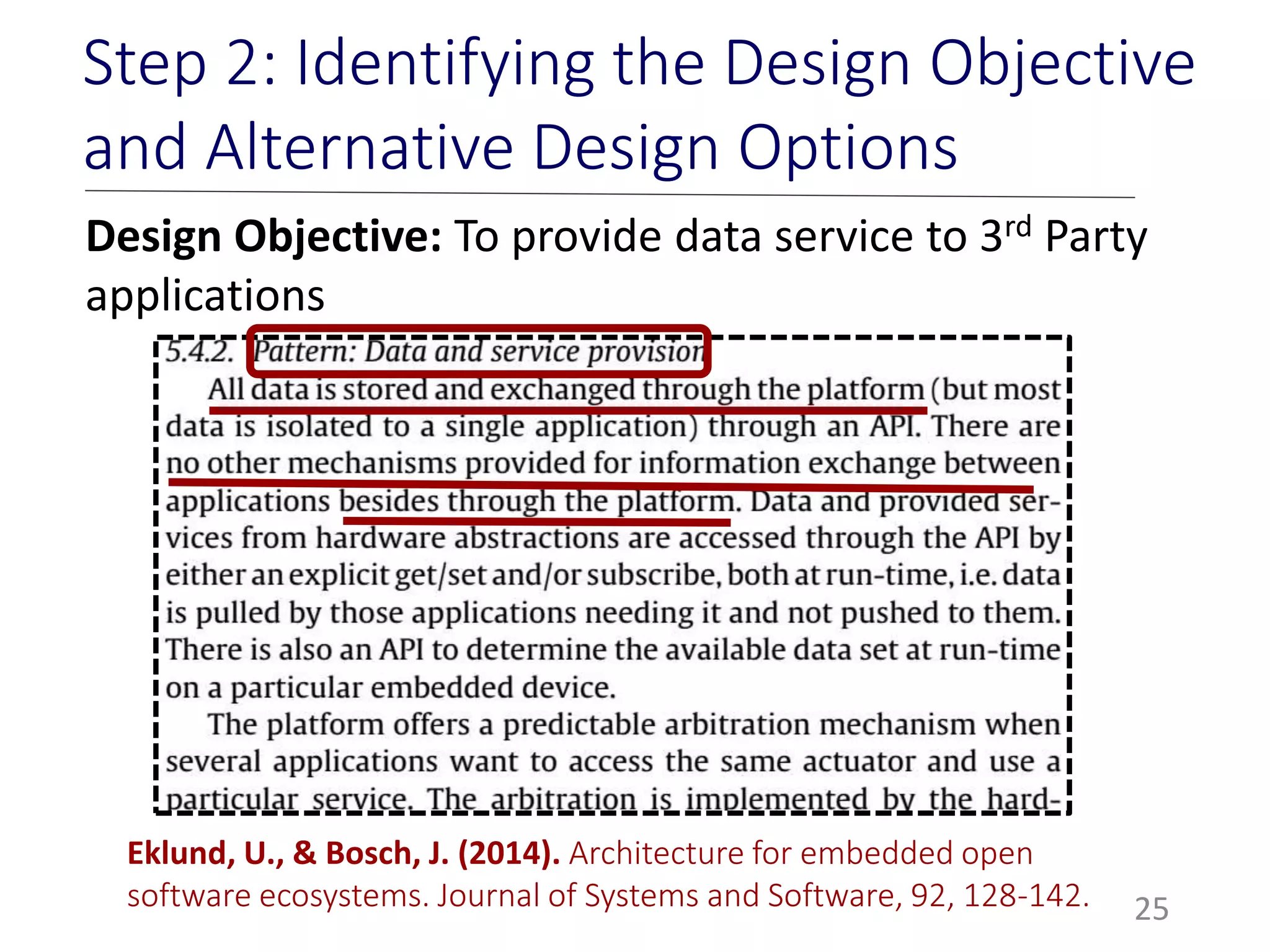 25
Step 2: Identifying the Design Objective
and Alternative Design Options
Design Objective: To provide data service to 3rd Party
applications
Eklund, U., & Bosch, J. (2014). Architecture for embedded open
software ecosystems. Journal of Systems and Software, 92, 128-142.
 