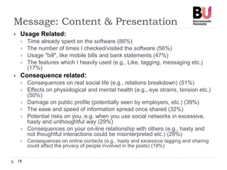 Message: Content & Presentation
18
 Usage Related:
 Time already spent on the software (86%)
 The number of times I checked/visited the software (56%)
 Usage "bill", like mobile bills and bank statements (47%)
 The features which I heavily used (e.g., Like, tagging, messaging etc.)
(17%)
 Consequence related:
 Consequences on real social life (e.g., relations breakdown) (51%)
 Effects on physiological and mental health (e.g., eye strains, tension etc.)
(50%)
 Damage on public profile (potentially seen by employers, etc.) (39%)
 The ease and speed of information spread once shared (32%)
 Potential risks on you, e.g. when you use social networks in excessive,
hasty and unthoughtful way (29%)
 Consequences on your on-line relationship with others (e.g., hasty and
not thoughtful interactions could be misinterpreted etc.) (29%)
 Consequences on online contacts (e.g., hasty and excessive tagging and sharing
could affect the privacy of people involved in the posts) (19%)
 