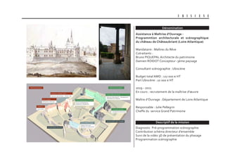 Dénomination
Descriptif de la mission
U B I S C E N E
Assistance à Maîtrise d’Ouvrage :
Programmtion architecturale et scénographique
du château de Châteaubriant (Loire Atlantique)
Mandataire : Maîtres du Rêve
Cotraitants :
Bruno PIQUEPAL Architecte du patrimoine
Damien ROIDOT Concepteur -3ème paysage
Consultant scénographie : Ubiscène
Budget total AMO : 117 000 € HT
Part Ubiscène : 10 000 € HT
2019 - 2021
En cours : recrutement de la maîtrise d’œuvre
Maître d’Ouvrage : Département de Loire Atlantique
Responsable : Julie Pellegrin
Cheffe du service Grand Patrimoine
Diagnostic Pré-programmation scénographie
Contribution schéma directeur d’ensemble
Suivi de la vidéo 3D de présentation du phasage
Programmation scénographie
 