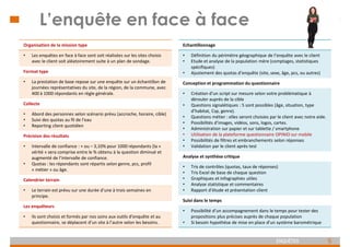 5
ENQUÊTES
L’enquête en face à face
Echantillonnage
• Définition du périmètre géographique de l’enquête avec le client
• Etude et analyse de la population mère (comptages, statistiques
spécifiques)
• Ajustement des quotas d’enquête (site, sexe, âge, pcs, ou autres)
Conception et programmation du questionnaire
• Création d’un script sur mesure selon votre problématique à
dérouler auprès de la cible
• Questions signalétiques : 5 sont possibles (âge, situation, type
d’habitat, Csp, genre).
• Questions métier : elles seront choisies par le client avec notre aide.
• Possibilités d’images, vidéos, sons, logos, cartes.
• Administration sur papier et sur tablette / smartphone
• Utilisation de la plateforme questionnaire OPINIO sur mobile
• Possibilités de filtres et embranchements selon réponses
• Validation par le client après test
Analyse et synthèse critique
• Tris de contrôles (quotas, taux de réponses)
• Tris Excel de base de chaque question
• Graphiques et infographies utiles
• Analyse statistique et commentaires
• Rapport d’étude et présentation client
Suivi dans le temps
• Possibilité d’un accompagnement dans le temps pour tester des
propositions plus précises auprès de chaque population
• Si besoin hypothèse de mise en place d’un système barométrique
Organisation de la mission type
• Les enquêtes en face à face sont soit réalisées sur les sites choisis
avec le client soit aléatoirement suite à un plan de sondage.
Format type
• La prestation de base repose sur une enquête sur un échantillon de
journées représentatives du site, de la région, de la commune, avec
400 à 1000 répondants en règle générale.
Collecte
• Abord des personnes selon scénario prévu (accroche, horaire, cible)
• Suivi des quotas au fil de l’eau
• Reporting client quotidien
Précision des résultats
• Intervalle de confiance : + ou – 3,10% pour 1000 répondants (la «
vérité » sera comprise entre le % obtenu à la question diminué et
augmenté de l’intervalle de confiance.
• Quotas : les répondants sont répartis selon genre, pcs, profil
« métier » ou âge.
Calendrier terrain
• Le terrain est prévu sur une durée d’une à trois semaines en
principe.
Les enquêteurs
• Ils sont choisis et formés par nos soins aux outils d’enquête et au
questionnaire, se déplacent d’un site à l’autre selon les besoins.
 