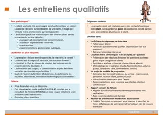 6
ENQUÊTES
Les entretiens qualitatifs
Pour quels usages ?
• Le client souhaite être accompagné ponctuellement par un cabinet
capable de l’éclairer sur les ressentis de ses clients, l’image qu’il
véhicule et les améliorations qu’il doit apporter.
• L’évaluation peut être réalisée auprès des diverses cibles parties
prenantes du service à étudier :
• Les usagers et organisations de consommateurs,
• Les acteurs et prestataires concernés,
• Les entreprises,
• Les administrations, gestionnaires publiques.
Les thèmes les plus fréquents
• La prestation de base est-elle appréciée, la réactivité, le conseil ?
• Le service est-il compétitif, vertueux, une solution d’avenir ?
• Le contrat, la Dsp, les clauses de révision, les factures sont-ils
ressentis comme équitables ?
• L’information des usagers, la communication auprès des clients
sont-elles pertinentes ou perfectibles ?
• Quel est l’avenir du territoire et du service, les extensions, les
nouvelles alternatives, innovations technologiques souhaitables ?
Collecte
• Prise de rendez-vous par téléphone
• Puis interview (en mode qualitatif de 20 à 45 minutes, par le
consultant de l’institut SYMBIAL) sur place ou par téléphone selon
préférence de l’interlocuteur.
• Reporting client quotidien
Origine des contacts
• Les enquêtes sont soit réalisées auprès des contacts fournis par
notre client, soit auprès d’un panel de volontaires recruté par nos
soins selon critères étudiés avec le client.
Livrables types
• Les fichiers des réponses par interview
• Fichiers sous Word
• Fichier des questionnaires qualifiés (réponses en clair aux
questions)
• Retranscription des interviews
• Le cahier de tris sémantiques et les analyses par question
• Présentation des résultats de toutes les questions au niveau
global et par catégorie de clients
• Synthèse et analyse critique de chaque thème abordé
• Méthodologie de l’opération (mode d’administration, volume,
quotas, calendrier, cible, commentaires terrain)
• Un projet de modèle de progression
• Estimation des forces et faiblesses du service : maintenance,
personnel, relation client, communication
• Hiérarchisation des enjeux pour l’avenir
• Recommandations pour répondre aux attentes clients et
communiquer
• Rapport complet de l’étude
• Rapport d’étude reprenant les éléments précédents avec
explications
• Avec recommandations de Symbial
• Réunion de présentation des résultats et discussion
• Frédéric Tambutet ou un expert vous aideront à identifier les
forces et faiblesses de votre projet et les facteurs clés de réussite
éventuelle
 