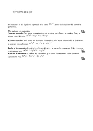 NOVENO AÑO: 10-12-2014 
Ejercicio Un monomio es una expresión algebraica de la forma , donde a es el coeficiente, el resto la 
parte literal. 
Operaciones con monomios. 
Suma de monomios.Para sumar dos monomios con la misma parte literal, se mantiene ésta y se 
suman los coeficientes. 
Resta de monomios.Para restar dos monomios con identica parte literal, mantenemos la parte literal 
y restamos los coeficientes. 
Producto de monomios.Se multiplican los coeficientes y se suman los exponentes de los elementos 
con la misma base. 
Cociente de monomios.Se dividen los coeficientes y se restan los exponentes de los elementos 
de la misma base. 
 