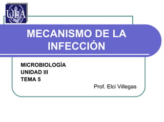MECANISMO DE LA
    INFECCIÓN
MICROBIOLOGÍA
UNIDAD III
TEMA 5
                Prof. Elci Villegas
 