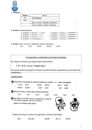 Comparación y ordenación de número decimales
Es mayor el número que tenga mayor parte entera.
7,35 > 6,28 porque 7 mayor que 6
Si la parte entera es igual se compara la parte decimal, empezando por las décimas,
centésimas, ..
EJERCICIOS:
Ordena de mayor a menor los siguientes números decimales:
20,7 20,129 20,08 20,13 28,54
3
 
