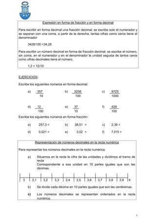 Expresión en forma de fracción y en forma decimal
Para escribir en forma decimal una fracción decimal, se escribe solo el numerador y
se separan con una coma, a partir de la derecha, tantas cifras como ceros tiene el
denominador
3428/100 =34,28
Para escribir un número decimal en forma de fracción decimal, se escribe el número,
sin coma, en el numerador y en el denominador la unidad seguida de tantos ceros
como cifras decimales tiene el número.
1,2 = 12/10
EJERCICIOS:
Escribe los siguientes números en forma decimal:
a) 357 b) 3256 c) 9725
10 100 1000
d) 12 e) 37 f) 428
100 10 100
Escribe los siguientes números en forma fracción:
a) 257,3 = b) 38,51 = c) 2,36 =
d) 0,021 = e) 3,02 = f) 7,015 =
Representación de números decimales en la recta numérica
Para representar los números decimales en la recta numérica:
a) Situamos en la recta la cifra de las unidades y dividimos el tramo de
recta
Correspondiente a esa unidad en 10 partes iguales que son las
décimas.
3 3,1 3,2 3,3 3,4 3,5 3,6 3,7 3,8 3,9 4
b) Se divide cada décima en 10 partes iguales que son las centésimas.
c) Los números decimales se representan ordenados en la recta
numérica.
5
 